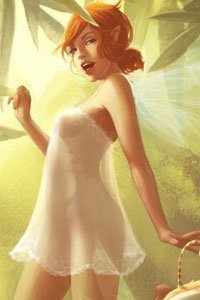 A sexy fairy wearing a transparent dress stands temptingly.