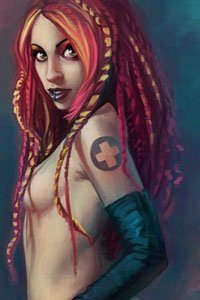 A naked, tattooed woman with long red hair looks over her shoulder.