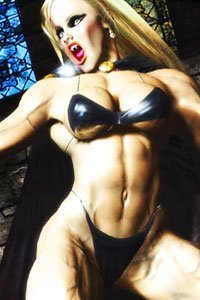 A muscular vampire woman in a metaic bikini.