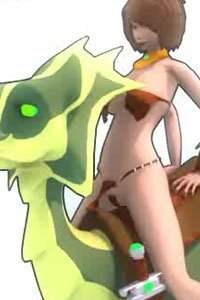 A barbarian woman in a tiny animal-skin bikini rides atop a bipedal lizard.