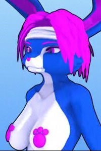 A blue rabbit woman with pink hair and large breasts.