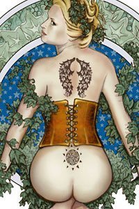 A pale blond woman with a shapely bare butt in an orange corset with tattoos.