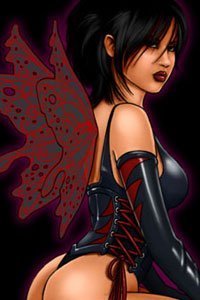 A dark-haired fairy in a black and red corset spreads her delicate wings.