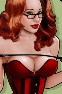 A fiery redhead wearing glasses and a tight corset seductively brandishes a riding crop.