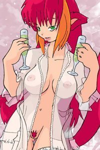 A red-haired catgirl with an open, transparent nightgown, holding two champagne glasses.