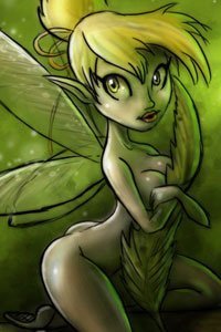 A slender, naked Tinkerbell presses a leaf against her small round breasts.