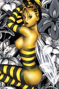 A yellow winged creature in bee-striped corset, leggings and gloves crouches.