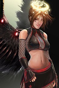 A brown-haired woman with large black wings, a glowing halo and a black mesh outfit stands playfully.