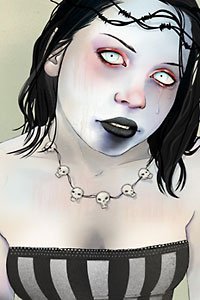 A chalk-pale woman with black hair, ghostly-white eyes and charcoal lips.