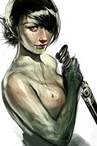 A pale naked woman squeezes her breasts with her dagger arm drawn tight to her chest.