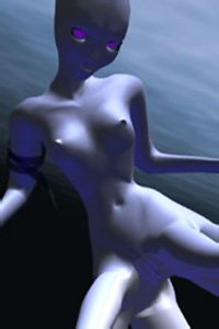 A naked blue-skinned squid-like woman floats in the ocean.