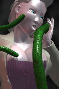 A pale woman wearing a long coat and corset caresses a slimy green tentacle.