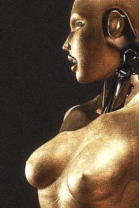 A grainy profile of a copper-colored robot woman's face and breasts.