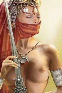 A beautiful veiled woman with bare breasts idly caresses her sword.