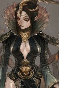 A young elf woman with long black hair and a dark, revealing dress.