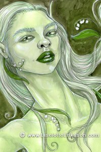 A slender green woman with long white hair.