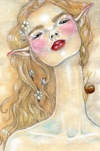 A blushing lanky elf woman with a snail determinedly climbing her neck