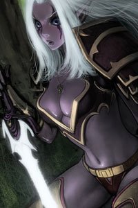 A beautiful dark elf woman with long white hair and a large glowing sword.