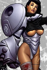 A mechanized beauty with large partially-exposed breasts and a bandaged leg.