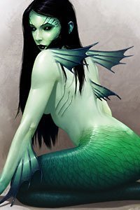 A pale green mermaid with long black hair sits, looking over her shoulder.