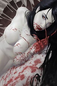 A pale woman with long black hair reclines nude, covered in blood.