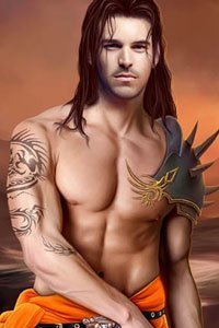 A muscular, bare-chested man with an elaborate tattoo and long brown hair.