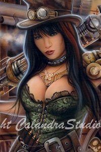 A steampunk woman with a top hat and bustier stands.
