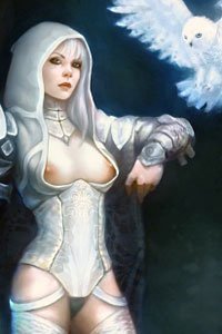 A woman dressed all in white with pink nipples peaking out from behind her corset summoning a snowy owl.