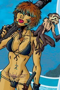 A shapely woman in a tiny bikini with a large gun on one shoulder and a small monkey on the other.