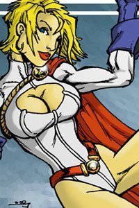 The heroine Power Girl in a dramatic pose.