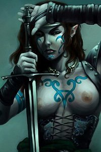 A bare-breasted elf woman with Celtic tattoos wields a large sword.