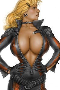 A blond woman with large breasts peaking out of an unzipped flight suit proudly stands.