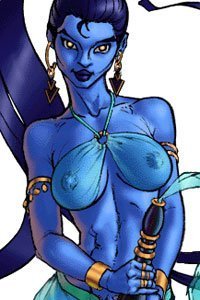 A beautiful blue-skinned djinn strokes her bottle.