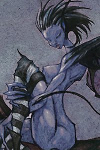 A naked blue fairy with stockings and crazy hair.