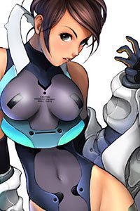 A shapely young woman in a transparent, revealing futuristic armor.