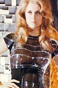 Jane Fonda as Barbarella wearing a translucent uniform.