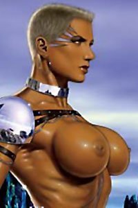 A muscular armored woman with large, angry breasts.