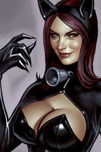 A leather-clad woman with long brown hair, cat ears and large breasts.