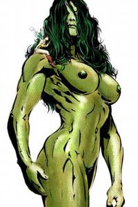 The muscular, dark green She-Hulk stands proudly naked.