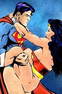 Superman and Wonder Woman sharing an intimate moment in the sky.