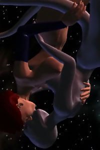 A naked human woman and lithe tentacled alien creature kiss, upside down in space.