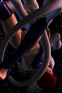 A naked human woman and lithe tentacled alien creature press their bodies against each other in deep space.