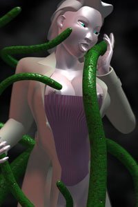 A pale woman in a revealing corset licks a thick green tentacle.