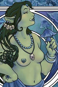 A lovely Orc woman in art nouveau style holding a large blue mushroom.