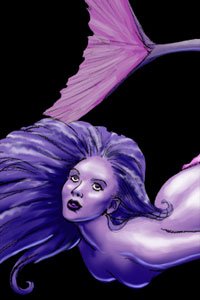 A lovely violet mermaid with long, flowing hair floats peacefully in the nude.