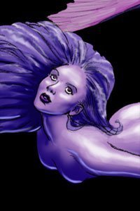 A lovely violet mermaid with long, flowing hair floats peacefully in the nude.