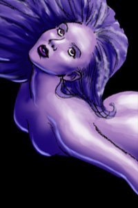 A lovely violet mermaid with long, flowing hair floats peacefully in the nude.