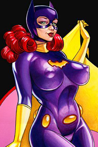 Batgirl's unusually tight costume reveals every curve of her large breasts and curvy hips.