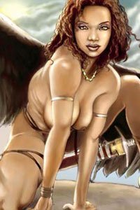 A nude woman with large black wings crouches seductively.