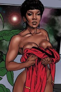 A shapely dark-skinned communications officer stands naked, holding her red uniform dress over her large breasts.